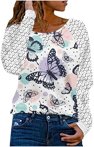 Женски Обични Кошули Со Долги Ракави Модни Пеперутки Графички Врвови Маици Од Тантела Удобни Лабави Пуловерски Блузи