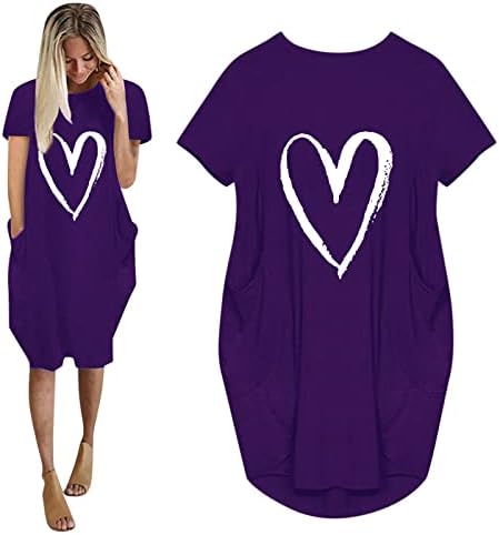 Mairsенски кратки ракави маици облечени обични модни срцеви печати 2023 летни фустани за туника лабава краток фустан со џеб