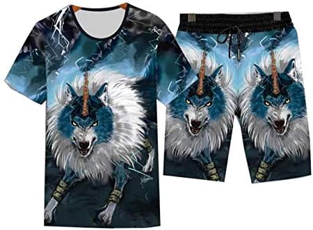 Машки обичен костум тренд 3Д животински волк печати летна маица + шорцеви 2 парчиња сет