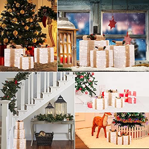 Осветлени кутии за подароци со лак bellвонче на отворено Божиќни украси 3 парчиња пред-осветлени Божиќни кутии за новогодишни украси
