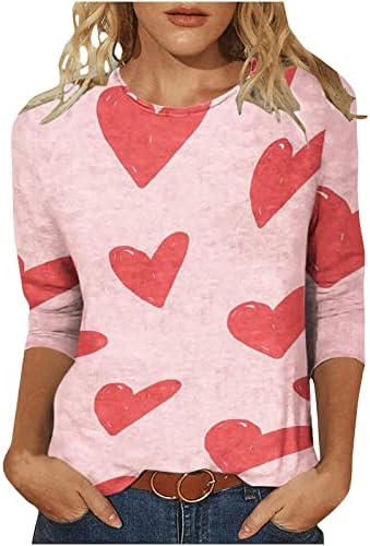 Срцеви печатени врвови за жени модна фустана блуза Ден на в Valentубените 3/4 маички со ракави, обична лабава маичка за лабава пуловер маичка
