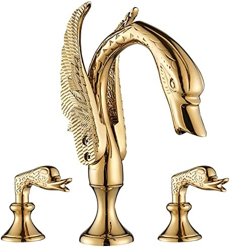 Вотамута злато 8-инчни три дупки со двојни рачки со двојни рачки на лебед мијалник за мијалник за мијалник, монтиран нов