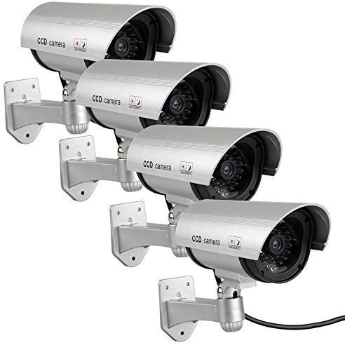 Лажни фотоапарати за систем за надзор на CCTV на отворено, глупава камера со реални црвени светла за трепкање и налепница за предупредување