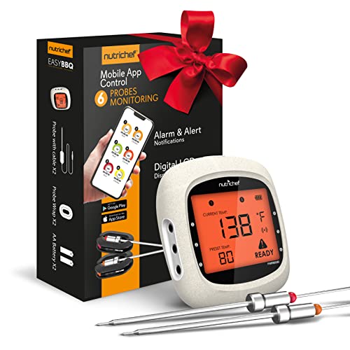 Термометар за месо од месо Nutrichef Bluetooth за печење и пушење, до 6 температурни сонди и паметна апликација, опсег од 400 стапки