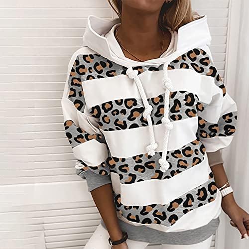 Женска качулка џемпер леопард шарена печати со долг ракав, аспирати за влечење, случајни лабави вклопни врвови на блуза, врвови