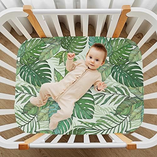 Кикпоај опремени чаршафи за креветчиња, зелени палми остава истегнати преносни листови за играње за бебиња, дише мек мини душек