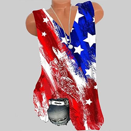 QCEMENI 4 -ти јули резервоарот за жени за жени Денот на независноста кошули Американски знаме Туника V вратот без ракави блуза