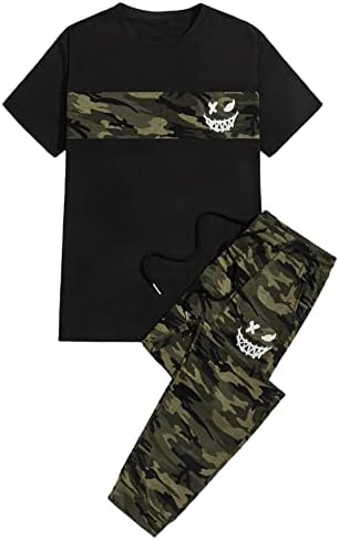 Горглитер машка облека од 2 парчиња облека од камо во боја на кратки ракави маица за влечење на половината за џемпери