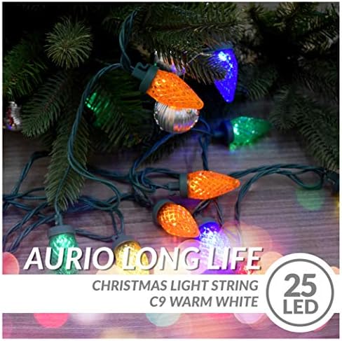 Божиќни светла Aurio повеќебојни, 12.3ft 25-броеви LED LED од крај до крај, C9 Божиќни жици, светлосни жици за забава, свадба, украси за новогодишна