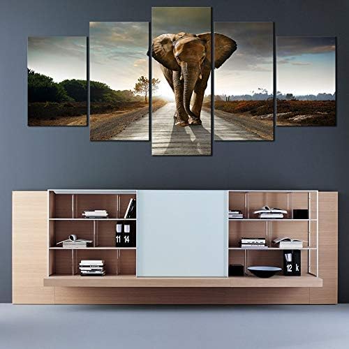 WIECO ART ELEPHANT EXTROM големи 5 панели модерни истегнати и врамени giclee платно отпечатоци животни пејзаж уметнички дела сиви слики слики на