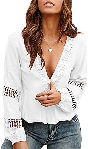 Andongnywell женски цврста боја чипка капчиња против вратот со долги ракави блузи, обични кошули врвови, шупнат кошула