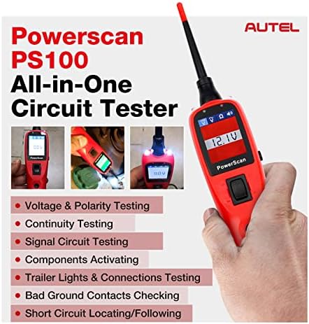 Тестер за електричен систем AuteL PowerScan PS100 PS 100 Circuit Tester со 20-тина кабел, вграден прекинувач за кола, лесен за читање на отпорност на струја на струја, континуитет на тес