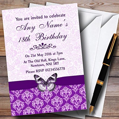 Виолетова Гроздобер Цветни Дамаск Пеперутка Персонализирани Покани За Роденденска Забава