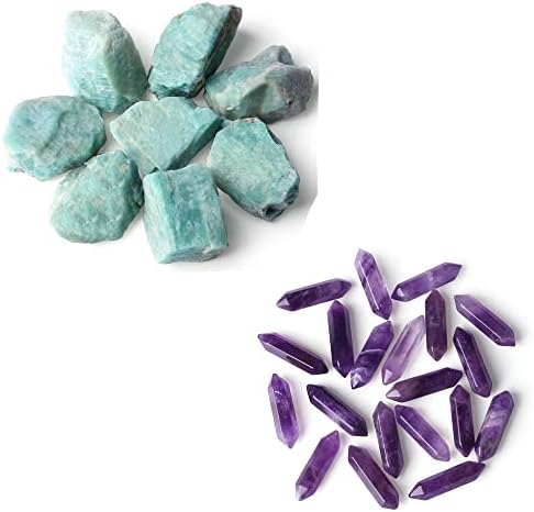 Zhiyuxi 10 парчиња аметистични кристали точки на големо бранови и амазонитни сурови кристали рефус природни лековити кристали камења