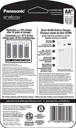 Panasonic K-KJ87MCA4BA Индивидуален Полнач За Батерии Со Пренослива Технологија За Полнење И 4aa Eneloop Батерии За Полнење, Бело