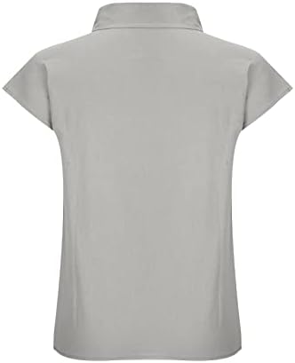 Летна постелнина кошула за жени елегантно ретро копче надолу блузи врвови, исмејувачки врат Туника врвови цврста боја лабава