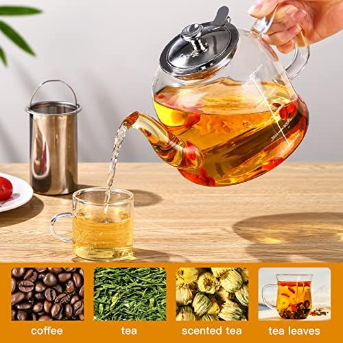 Стаклена чајник од 1500 мл со отстранлив инфузер - садови со чај со скала, стаклена чајничка шпорет безбеден чај котел за лабав чај, цветање