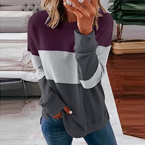 Бројви во боја блок -џемпер за жени ретро лабава лебава обична маица екипаж со долги ракави кошула цврста градиентска есен туничен врвови