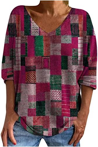 Обични маички за жени лето есен 3/4 ракав длабок V вратот во боја на графички хипи гроздобер блузи маици дами tj