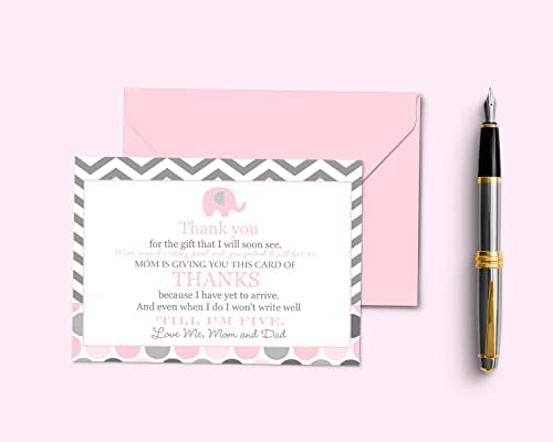 Розов слон бебе туш Ви благодариме картички префилирана белешка од девојче - индивидуални нотикарди со коверти - да речеме благодарам за