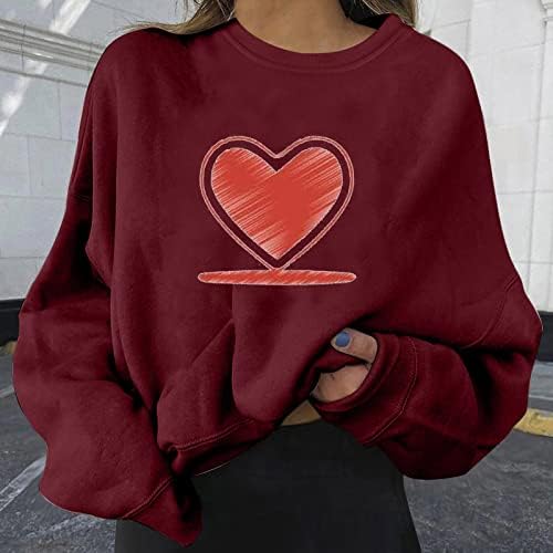 Симпатична кошула за срце за женски обичен долги ракави пулвер кошула в Valentубените модни врвови лабава вклопена блуза Туника Туника