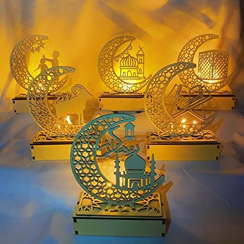 Декорации за ламби на Еид Рамазан Мубарак, 3Д рачно изработени дрвени месечини starвездички предводени светла декор, украс на муслимански плакета