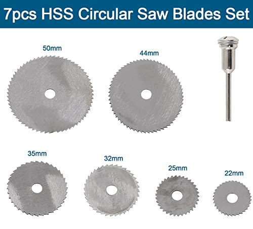 Aracombie 7PCS HSS Circular Saw Blades Set, мини алатка за сечење метално ротационо сечење алатка со 1/8 мандери, сечила за вежбање