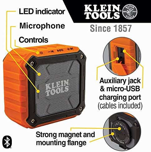 Klein Tools AepJS2 Bluetooth звучник со магнетна лента и кука и AEPJS1 Bluetooth звучник, безжичен преносен звучник за работни места игра аудио