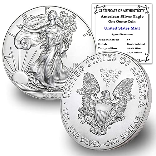 2020 година 1 мл Сребрен американски орел брилијантен нециркулиран со сертификат за автентичност 1 $ BU