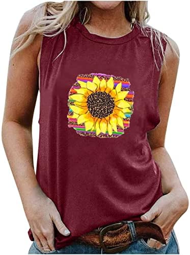 Летен резервоар врвот за жени, женски сончоглед печатени кошули Симпатична графичка мета о-врата без ракави секси блузи модни резервоари