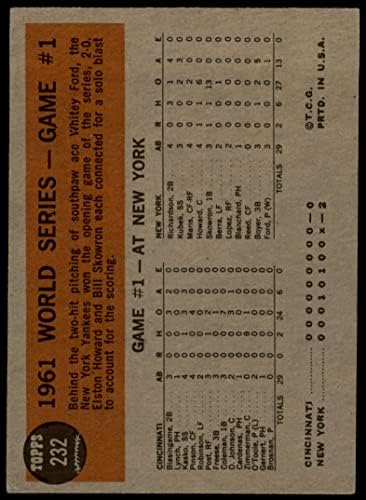 1962 Топпс 232 1961 Светска серија - Игра 1 - Јанкс победи на отворот Бил Скоурон Newујорк/Синсинати Јанкис/Редс ВГ Јанкис/Црвените