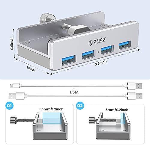 Орико 4 ПОРТА USB 3.0 Центар Стеги На Мониторот или Табелата, USB A/A И A/C Кабел Вклучени, Дополнителна Порта За Напојување, Алуминиумски
