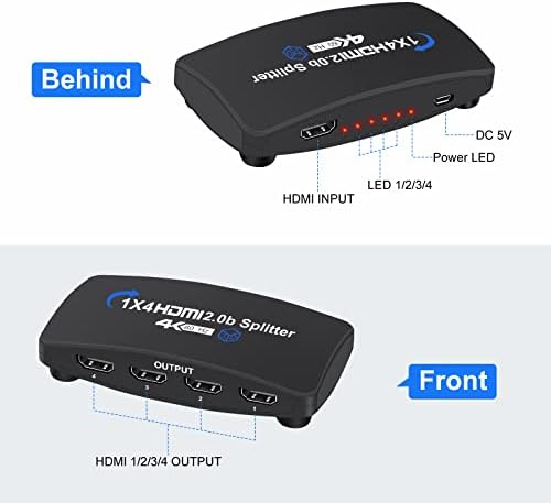 HDMI Splitter 1 во 4 надвор и 4K@60Hz HDMI прекинувач 【со 3,9ft HDMI кабел】