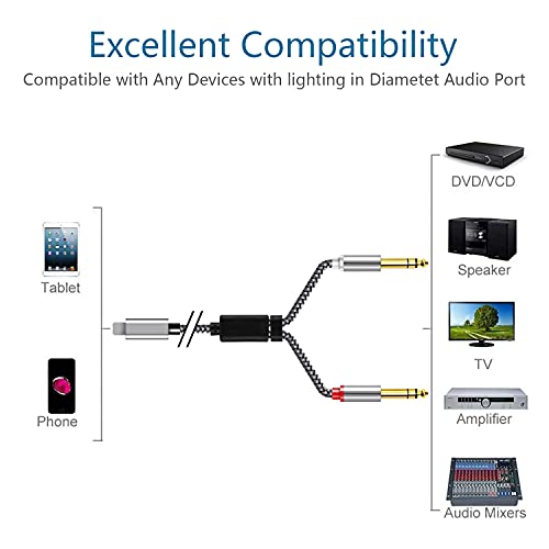 Wltasuy [Apple MFI сертифициран] 6,6ft Молња до 2-Male 1/4 TS аудио стерео кабел, двоен 6,35 mm машки аудио кабел компатибилен со iPad, iPhone 13 Pro за засилувач, миксер, домашен театар, звучни?