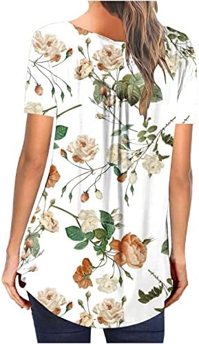 Женски врвови ја кријат стомакот Туника 2023 лето кратко ракав цветни печати Хенли кошули маица за носење со хеланки