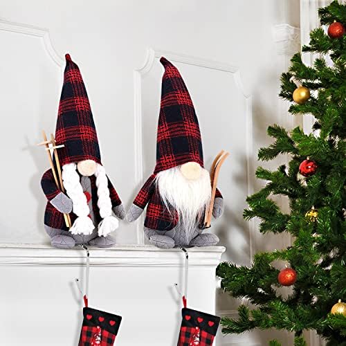 Божиќни Биволи Карирани Гноми Украси За Дома - 2 Пакети Гноми Зимски Декор Со Божиќни Држачи За Чорапи За Мантија-Божиќен Декор За Мантија Камин