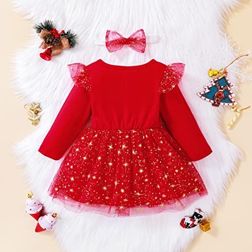 Божиќна облека за деца девојче Божиќна облека со долги ракави, печатење starвезда принцеза Тул Туту фустан, лента за глава 2 парчиња сет