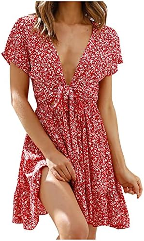 Womenените летни фустани случајни кратки ракави длабоки V-вратоврски предниот мини цветен фустан со ремен тенок секси фустан од полите на