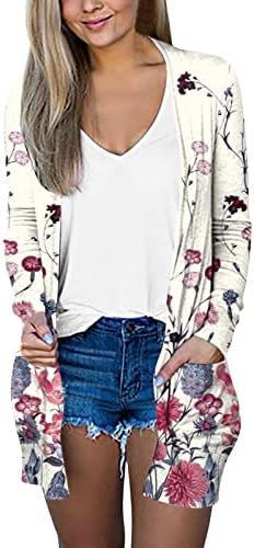 Женска кардиганска јакна Обичен печати со долг ракав со долг џеб кардиган јакна плус големина долги кардигани за жени 2x