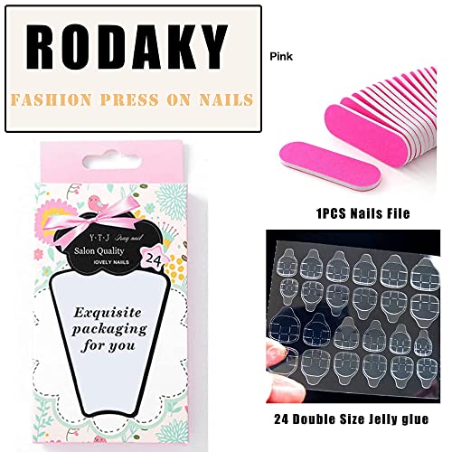 Rodaky 24pcs розов печат на француски нокти кратки квадратни бисери лажни нокти целосна покривка стап на ноктите со бисерни нокти шарм бели