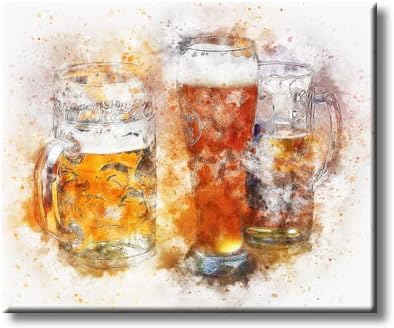 Партија за пиво и чаши со многу пена слика на испружено платно, wallиден уметнички декор, подготвен да виси
