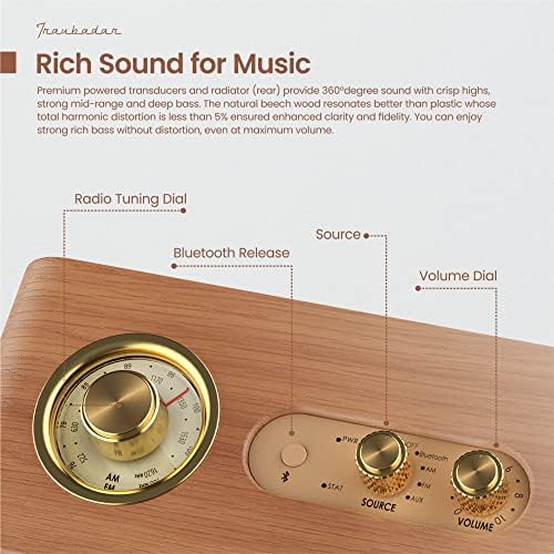 Yogyro Trenbader ArtLink Stereo Безжичен звучник AM/FM Retro Wood Bluetooth звучник со вградени звучници, елегантен и гроздобер дизајн Преносен