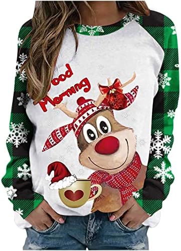 Женски моден случај на обичен темперамент пуловер Божиќен цветен принт со долг ракав со долг ракав
