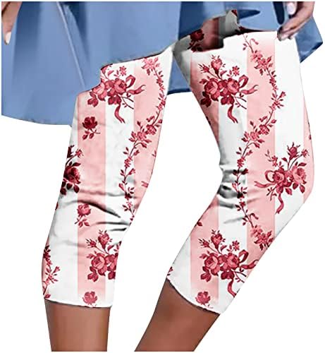 Капри панталони за жени летни цветни салон панталони Еластични половини со тенок панталони со култури со лесна печатена плажа исечени