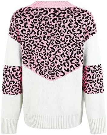 Ymosrh жени преголеми џемпери есен цврста боја крпеница леопард печати долг ракав пулвер плетен џемпер густ