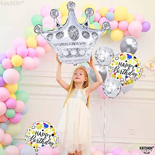Katchon, сребрен среќен роденден балон - 30 инчи, пакет од 7 | Крунски балони, балони на конфети | Среќен роденден балони за мажи, кралски