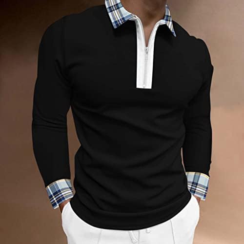Вокачи 2022 Поло кошули за мажи, долги ракави карирани манжетни со јака од јака голф врвови на улична облека, обична мускулна кошула