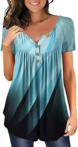 Нумелер Бизнис Обични врвови за жени Копче Хенли 2023 Краток ракав Скриј стомак Туника печатење блузи за жени