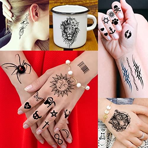 Коктак 66 Листови Мали Црни Животни Привремени Тетоважи За Жени Мажи Деца Прст Рака, Мал Простор Месечината Ноќта На Вештерките Тетоважа