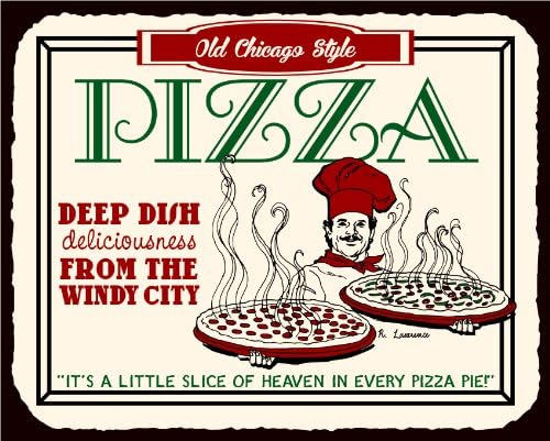 Гроздобер Метал Уметност Стара Чикаго Стил Пица Длабоко Јадење Небото Ретро Калај Пицерија Знак